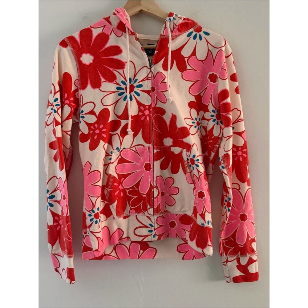 Lucky Brand Vintage Y2K Jacket Hoodie Zip Up Floral Surf Pink Red Size Medium